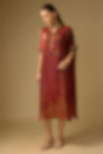 Red Gajji Silk Floral Printed Summer Dress by SHRADDHA RAMBHIA at Pernia's Pop Up Shop