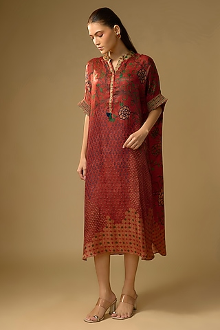 Red Gajji Silk Floral Printed Dress by SHRADDHA RAMBHIA