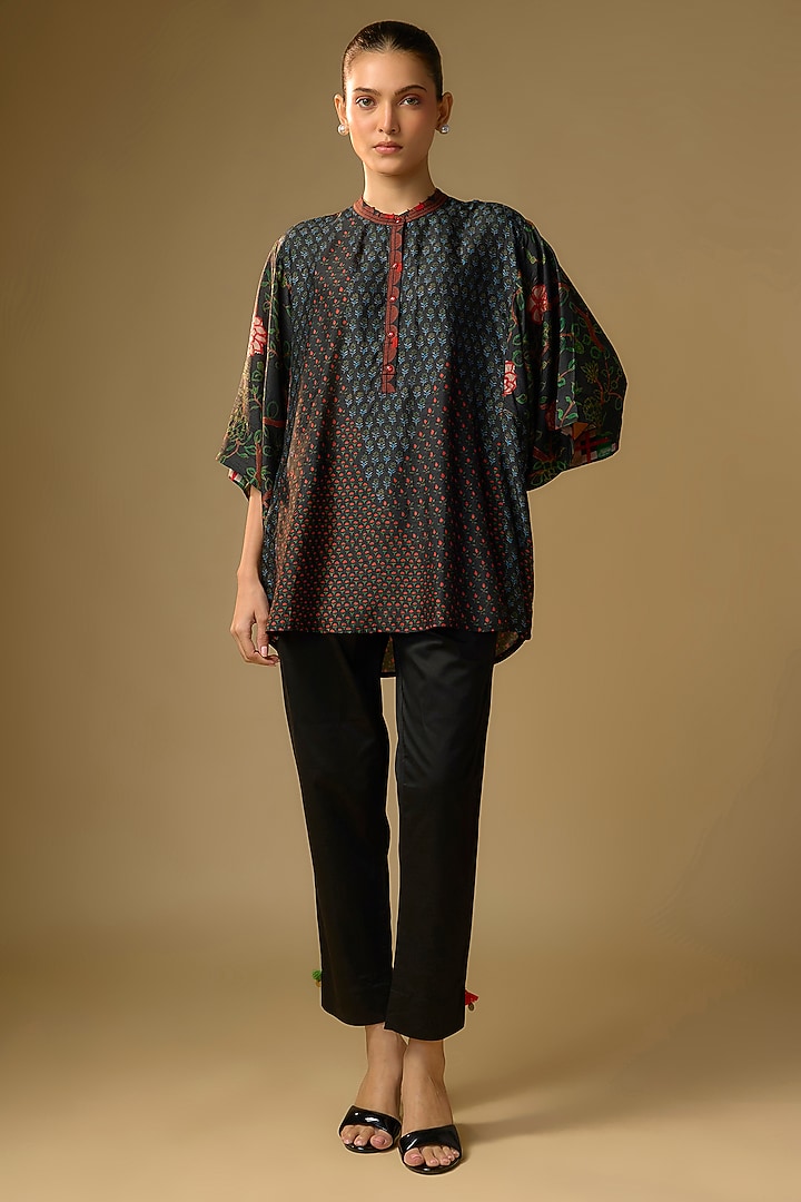 Black Slub Silk Floral Printed Top by SHRADDHA RAMBHIA at Pernia's Pop Up Shop