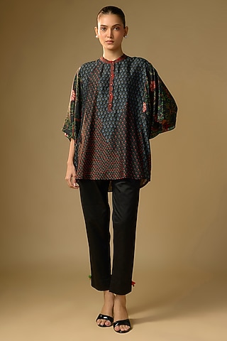 Black Slub Silk Floral Printed Top by SHRADDHA RAMBHIA
