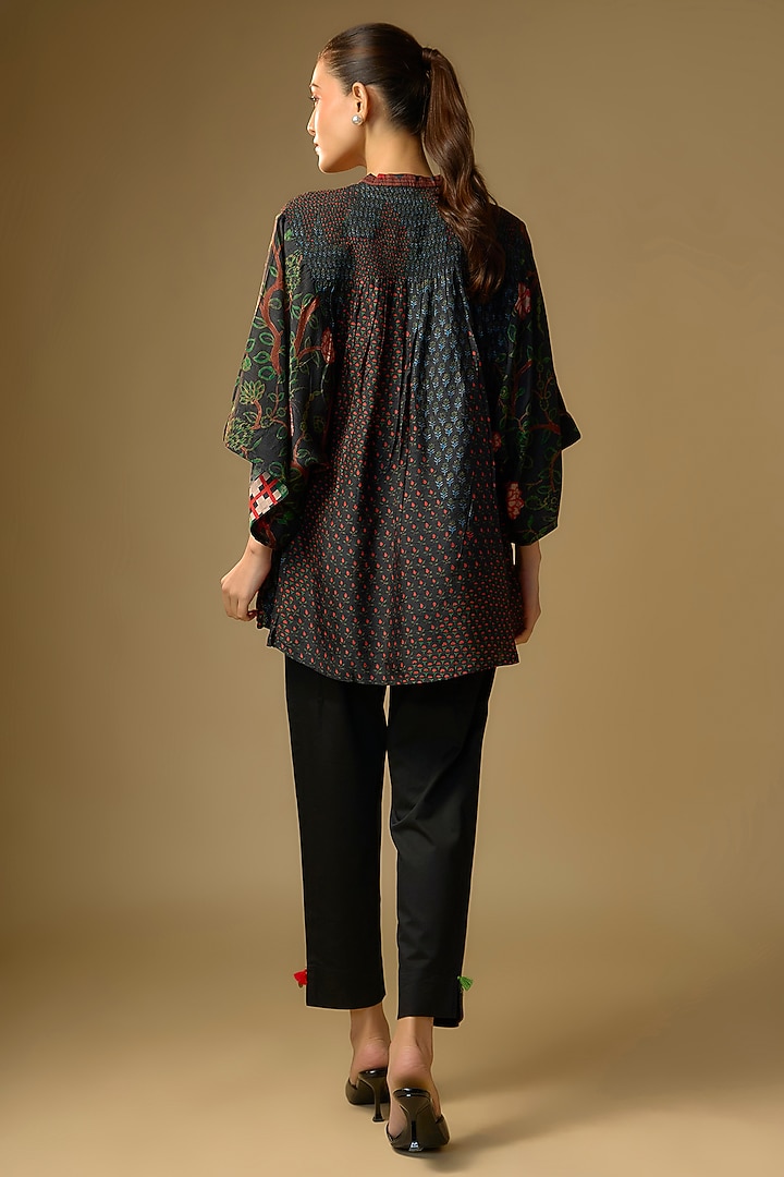 Black Slub Silk Floral Printed Top by SHRADDHA RAMBHIA at Pernia's Pop Up Shop