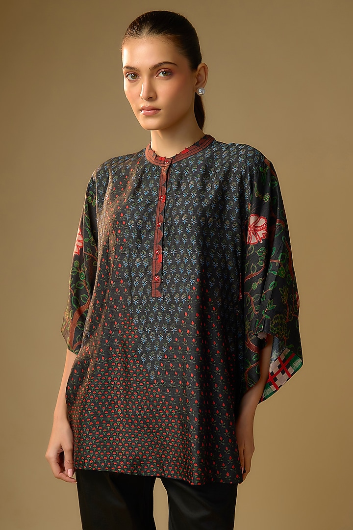 Black Slub Silk Floral Printed Top by SHRADDHA RAMBHIA at Pernia's Pop Up Shop