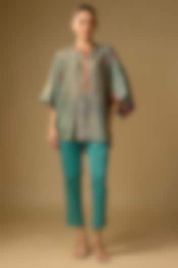 Pista Green Slub Silk Floral Printed Top by SHRADDHA RAMBHIA at Pernia's Pop Up Shop