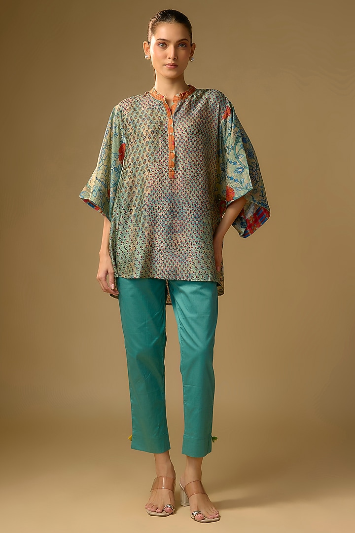 Pista Green Slub Silk Floral Printed Top by SHRADDHA RAMBHIA at Pernia's Pop Up Shop