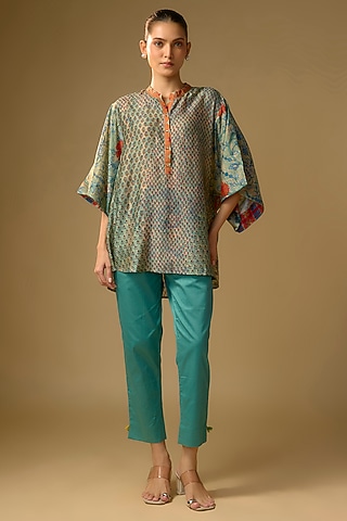 Pista Green Slub Silk Floral Printed Top by SHRADDHA RAMBHIA