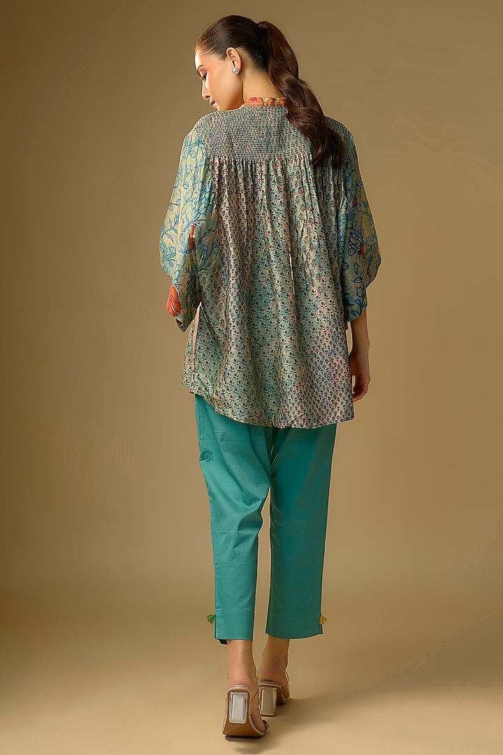 Pista Green Slub Silk Floral Printed Top by SHRADDHA RAMBHIA at Pernia's Pop Up Shop