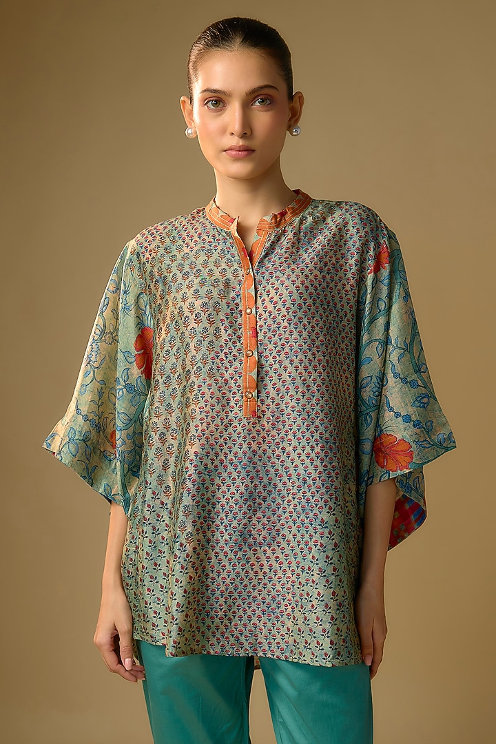 Pista Green Slub Silk Floral Printed Top by SHRADDHA RAMBHIA at Pernia's Pop Up Shop