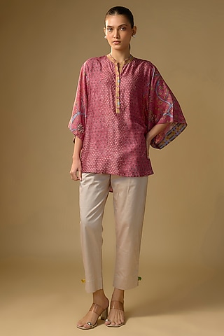 Pink Slub Silk Floral Printed Top by SHRADDHA RAMBHIA