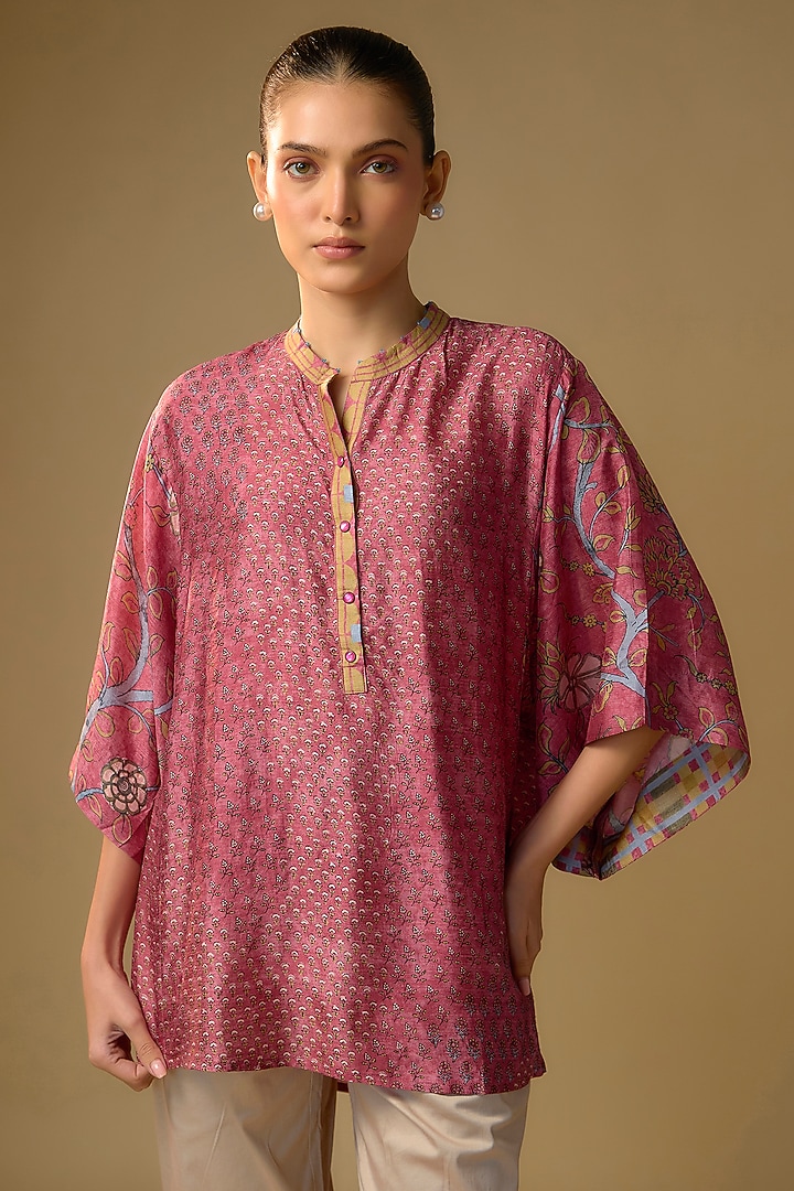 Pink Slub Silk Floral Printed Top by SHRADDHA RAMBHIA at Pernia's Pop Up Shop