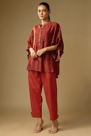 Green Slub Silk Floral Printed Top by SHRADDHA RAMBHIA