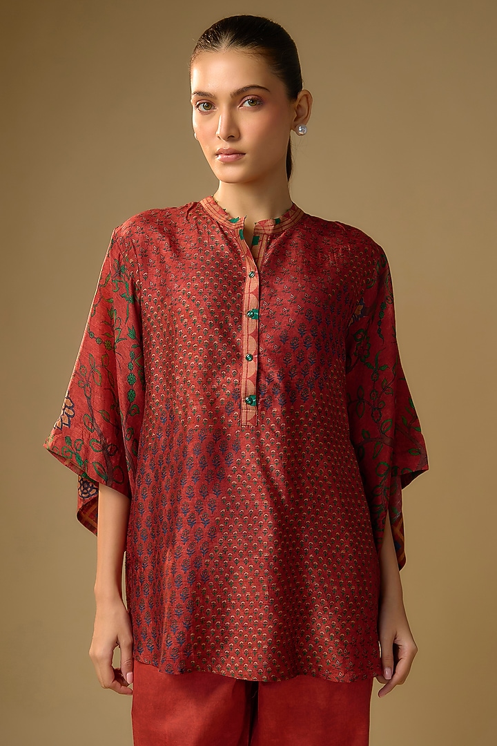 Green Slub Silk Floral Printed Top by SHRADDHA RAMBHIA at Pernia's Pop Up Shop