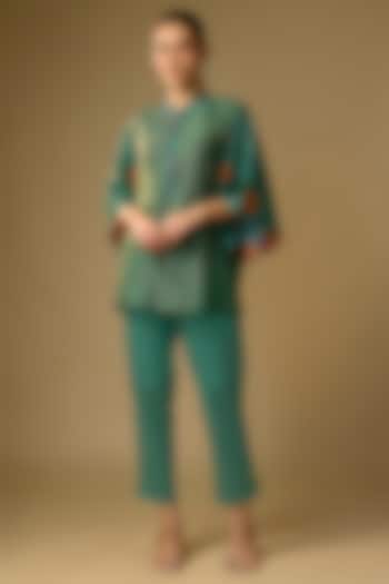 Rama Green Slub Silk Floral Printed Top by SHRADDHA RAMBHIA at Pernia's Pop Up Shop