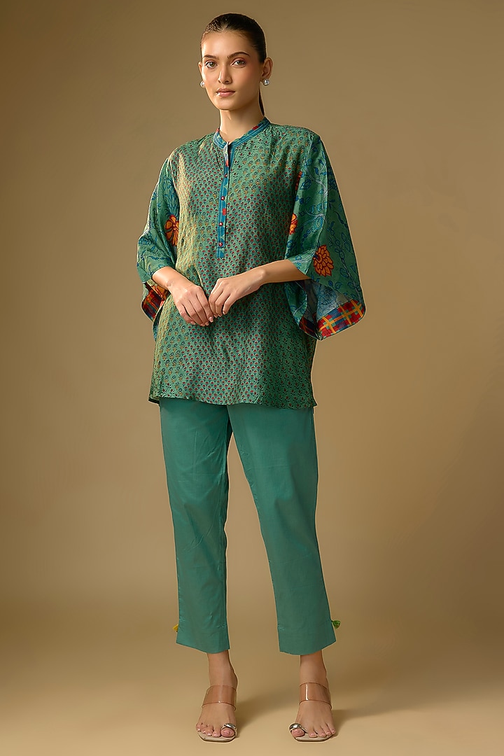 Rama Green Slub Silk Floral Printed Top by SHRADDHA RAMBHIA at Pernia's Pop Up Shop