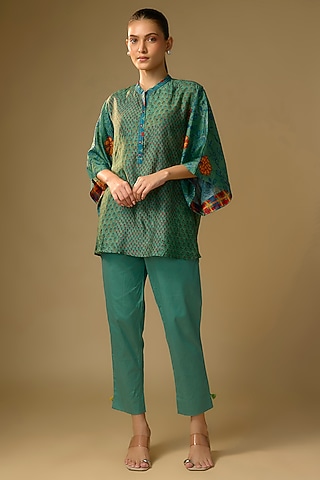 Rama Green Slub Silk Floral Printed Top by SHRADDHA RAMBHIA