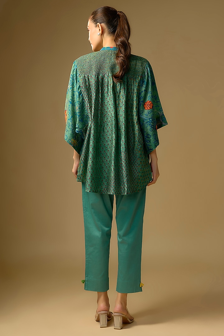 Rama Green Slub Silk Floral Printed Top by SHRADDHA RAMBHIA at Pernia's Pop Up Shop