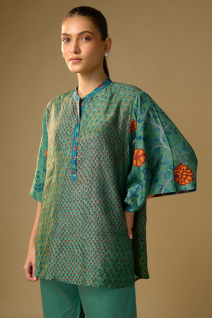 Rama Green Slub Silk Floral Printed Top by SHRADDHA RAMBHIA at Pernia's Pop Up Shop