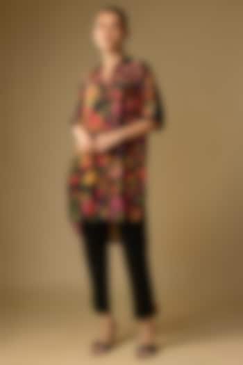 Black Slub Silk Floral Printed Shirt by SHRADDHA RAMBHIA at Pernia's Pop Up Shop