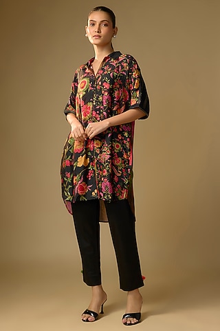 Black Slub Silk Floral Printed Shirt by SHRADDHA RAMBHIA