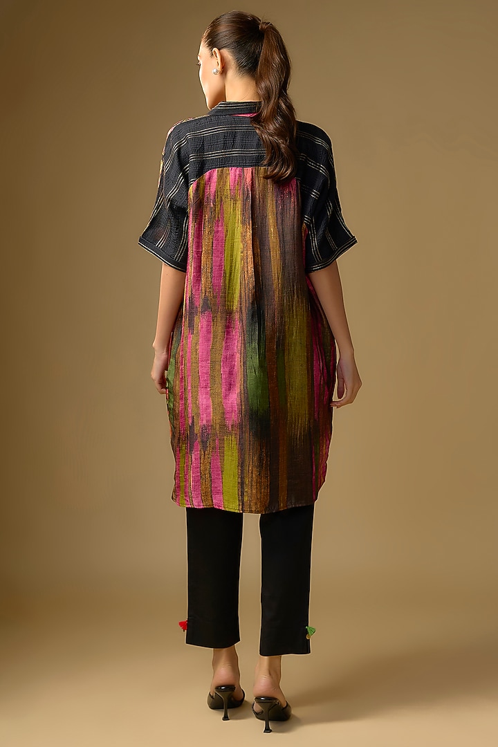 Black Slub Silk Floral Printed Shirt by SHRADDHA RAMBHIA at Pernia's Pop Up Shop