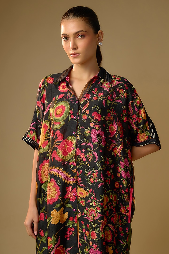 Black Slub Silk Floral Printed Shirt by SHRADDHA RAMBHIA at Pernia's Pop Up Shop