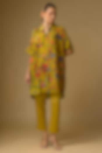 Mustard Slub Silk Floral Printed Shirt by SHRADDHA RAMBHIA at Pernia's Pop Up Shop