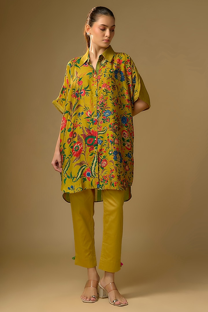 Mustard Slub Silk Floral Printed Shirt by SHRADDHA RAMBHIA at Pernia's Pop Up Shop