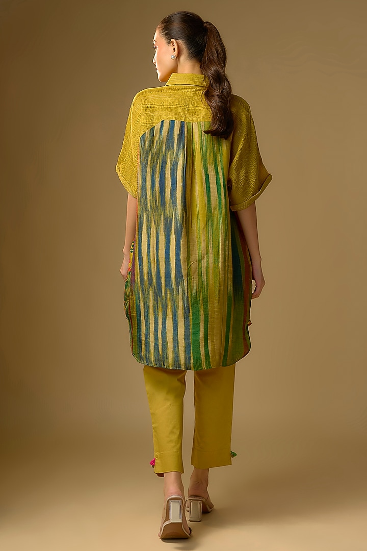 Mustard Slub Silk Floral Printed Shirt by SHRADDHA RAMBHIA at Pernia's Pop Up Shop