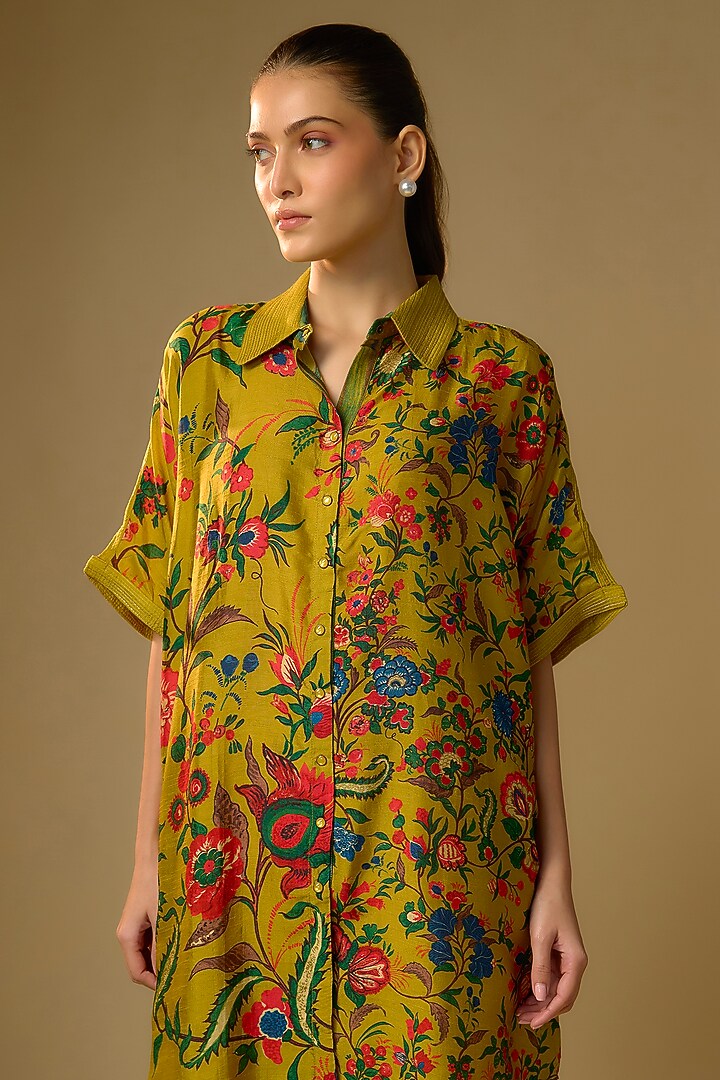 Mustard Slub Silk Floral Printed Shirt by SHRADDHA RAMBHIA at Pernia's Pop Up Shop