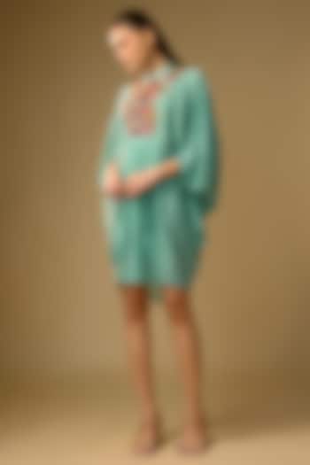 Blue Gajji Silk Resham Embroidered Pleated Summer Dress by SHRADDHA RAMBHIA at Pernia's Pop Up Shop