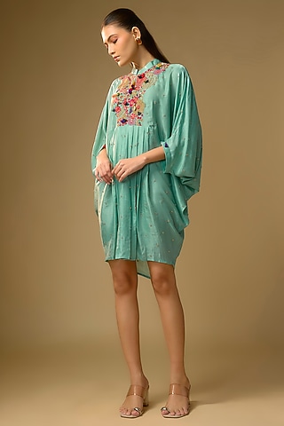 Blue Gajji Silk Resham Embroidered Pleated Dress by SHRADDHA RAMBHIA