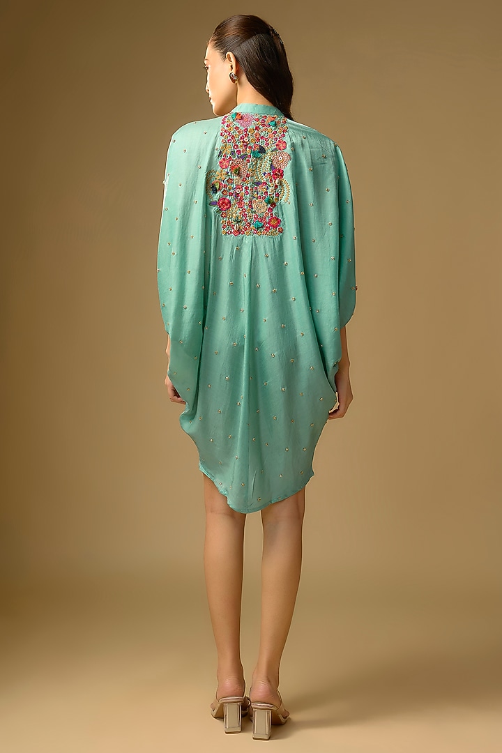 Blue Gajji Silk Resham Embroidered Pleated Summer Dress by SHRADDHA RAMBHIA at Pernia's Pop Up Shop