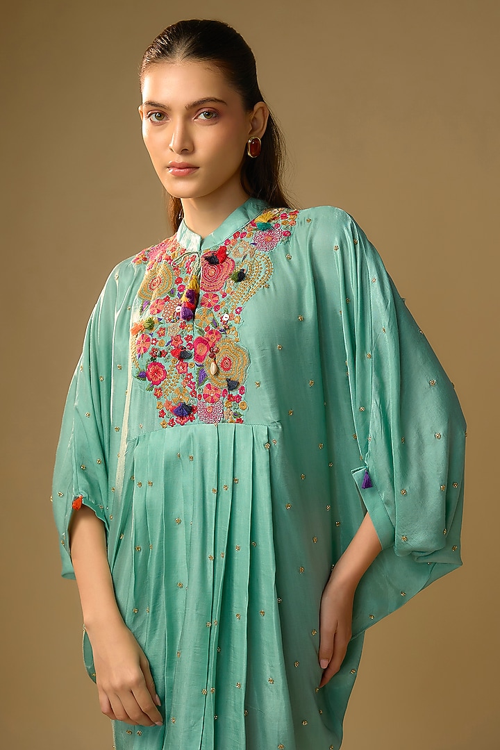 Blue Gajji Silk Resham Embroidered Pleated Summer Dress by SHRADDHA RAMBHIA at Pernia's Pop Up Shop