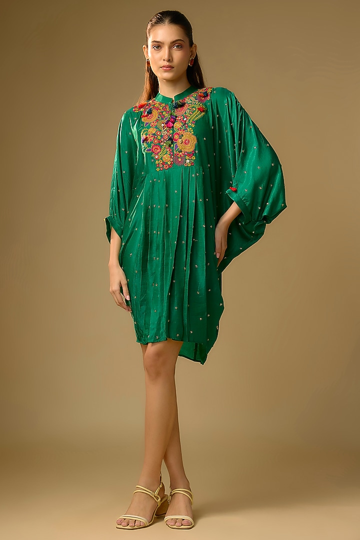 Bottle Green Gajji Silk Resham Embroidered Pleated Summer Dress by SHRADDHA RAMBHIA at Pernia's Pop Up Shop