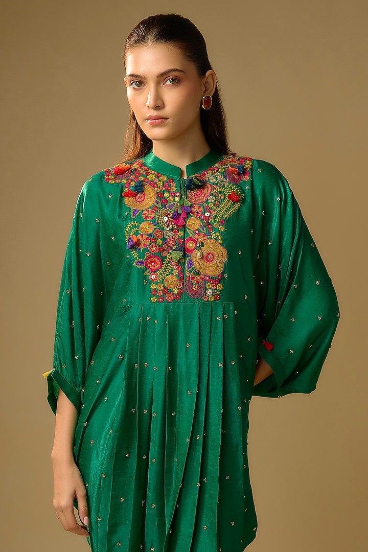 Bottle Green Gajji Silk Resham Embroidered Pleated Summer Dress by SHRADDHA RAMBHIA at Pernia's Pop Up Shop