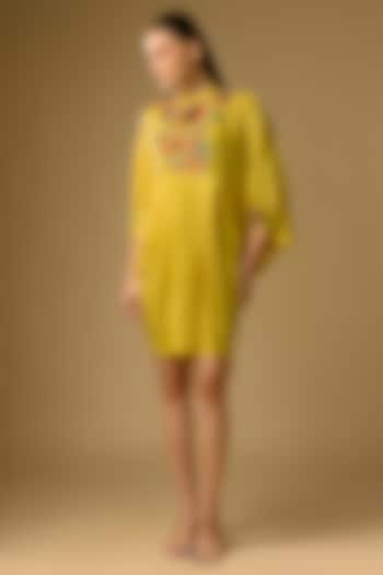 Mustard Gajji Silk Resham Embroidered Pleated Summer Dress by SHRADDHA RAMBHIA at Pernia's Pop Up Shop