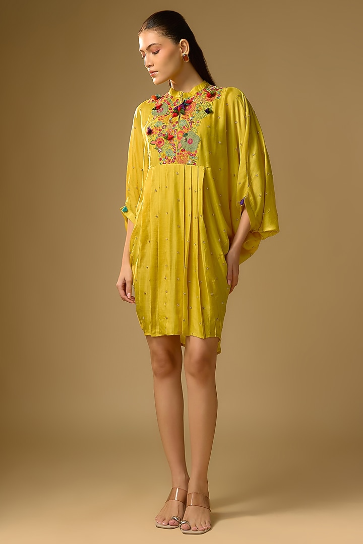 Mustard Gajji Silk Resham Embroidered Pleated Summer Dress by SHRADDHA RAMBHIA at Pernia's Pop Up Shop