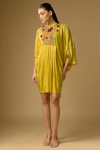Mustard Gajji Silk Resham Embroidered Pleated Dress by SHRADDHA RAMBHIA