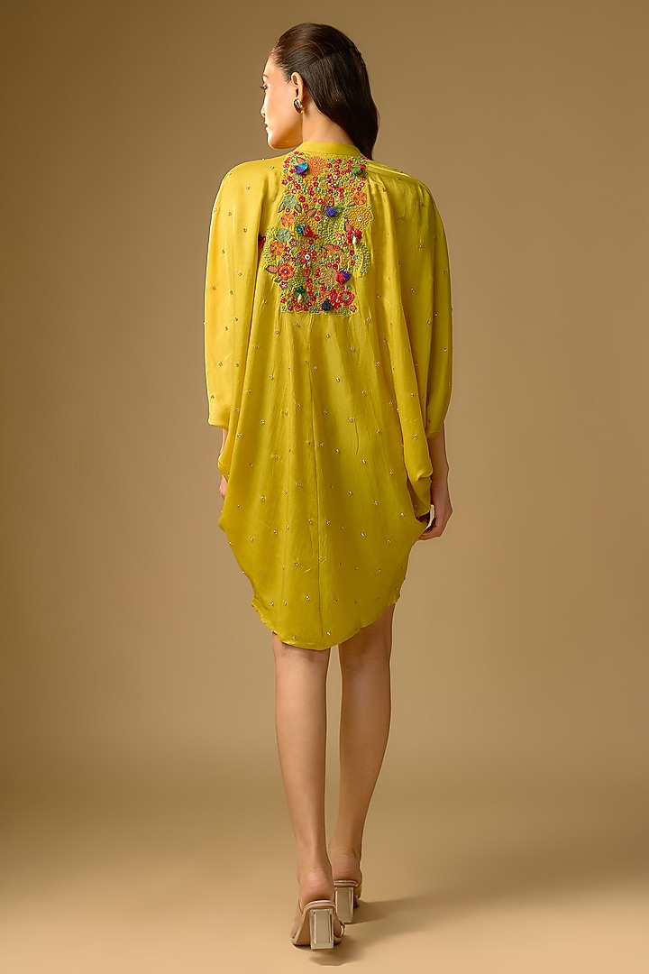 Mustard Gajji Silk Resham Embroidered Pleated Summer Dress by SHRADDHA RAMBHIA at Pernia's Pop Up Shop