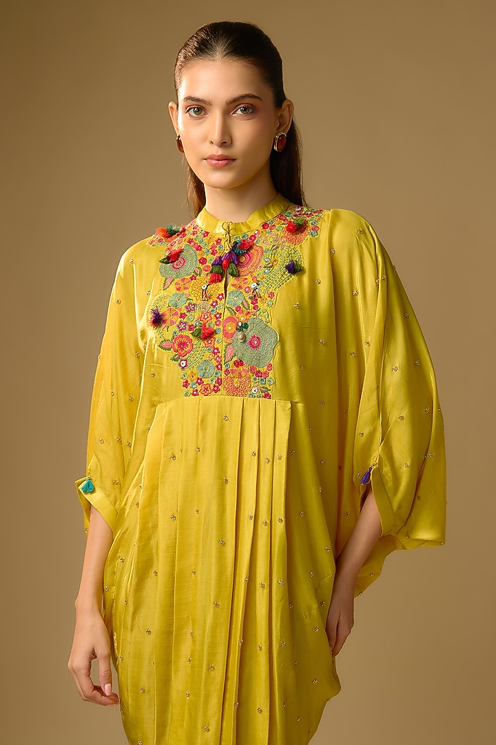 Mustard Gajji Silk Resham Embroidered Pleated Summer Dress by SHRADDHA RAMBHIA at Pernia's Pop Up Shop