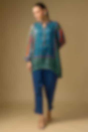 Blue Gajji Silk Digital Printed Top by SHRADDHA RAMBHIA at Pernia's Pop Up Shop