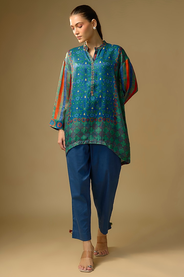 Blue Gajji Silk Digital Printed Top by SHRADDHA RAMBHIA at Pernia's Pop Up Shop
