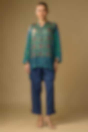 Rama Green Gajji Silk Digital Printed Top by SHRADDHA RAMBHIA at Pernia's Pop Up Shop