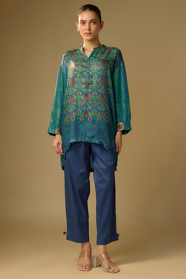 Rama Green Gajji Silk Digital Printed Top by SHRADDHA RAMBHIA at Pernia's Pop Up Shop