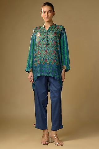 Rama Green Gajji Silk Digital Printed Top by SHRADDHA RAMBHIA