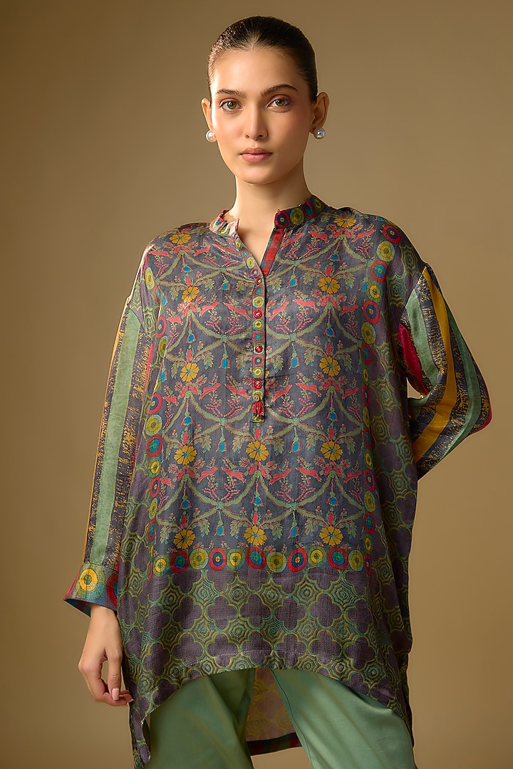 Grey Gajji Silk Digital Printed Top by SHRADDHA RAMBHIA at Pernia's Pop Up Shop