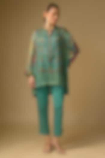 Duckegg Blue Gajji Silk Digital Printed Top by SHRADDHA RAMBHIA at Pernia's Pop Up Shop