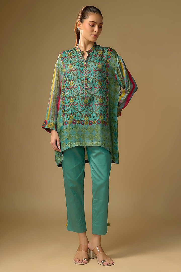 Duckegg Blue Gajji Silk Digital Printed Top by SHRADDHA RAMBHIA at Pernia's Pop Up Shop