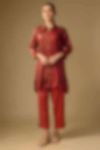 Red Gajji Silk Floral Printed Shirt by SHRADDHA RAMBHIA at Pernia's Pop Up Shop