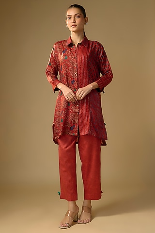 Red Gajji Silk Floral Printed Shirt by SHRADDHA RAMBHIA