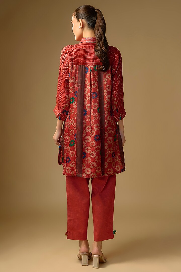 Red Gajji Silk Floral Printed Shirt by SHRADDHA RAMBHIA at Pernia's Pop Up Shop